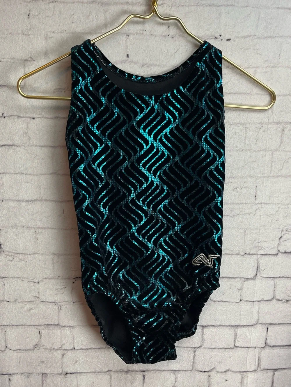 Alpha Factor size child’s large black and turquoise leotard